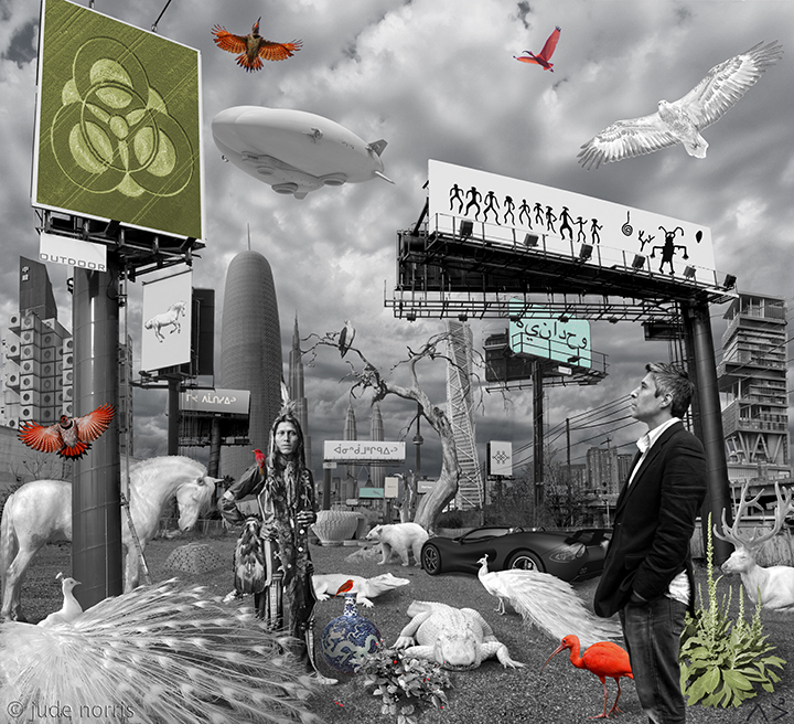 'Liberty Village #2 - the scale tips male 2 female' digital collage by Native Canadian artist JudeNorris